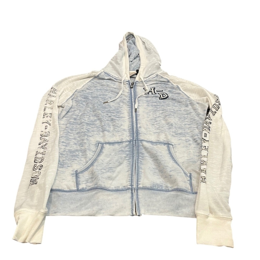 Harley-Davidson Zip Up Hoodie Womens XL Blue White Acid Wash Burnout Graphic
